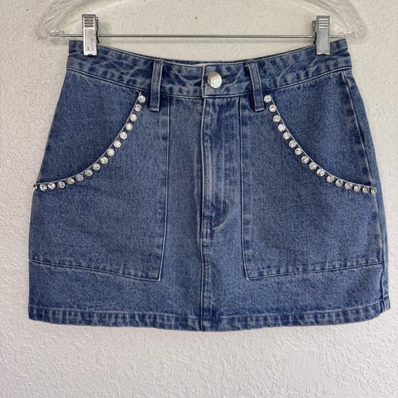 Show Me Your Mumu Skirt Womens Small Shania Rhinestone Denim Mini Festival Boho - Picture 1 of 9